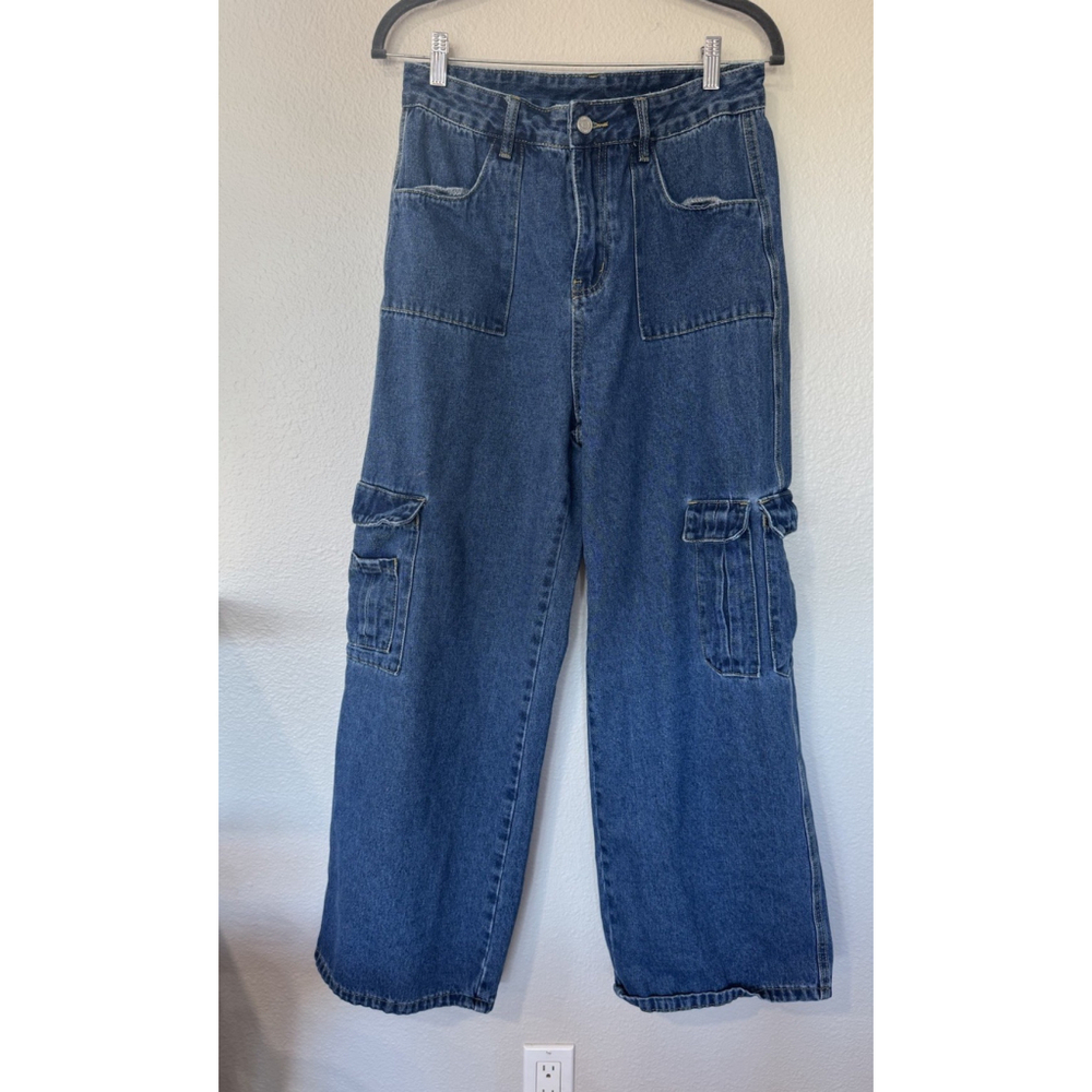Womens Wide Leg Cargo Jeans L Blue High Rise Denim Utility Pant Patch Pocket Y2K